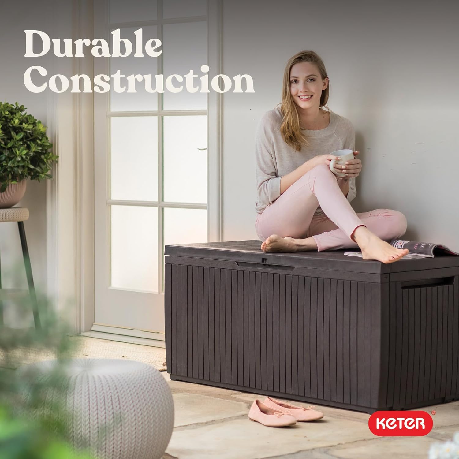 Keter Springwood 80 Gallon Resin Outdoor Storage Box for Patio Furniture Cushions, Pool Toys, and Garden Tools with Handles, Brown - Image 16