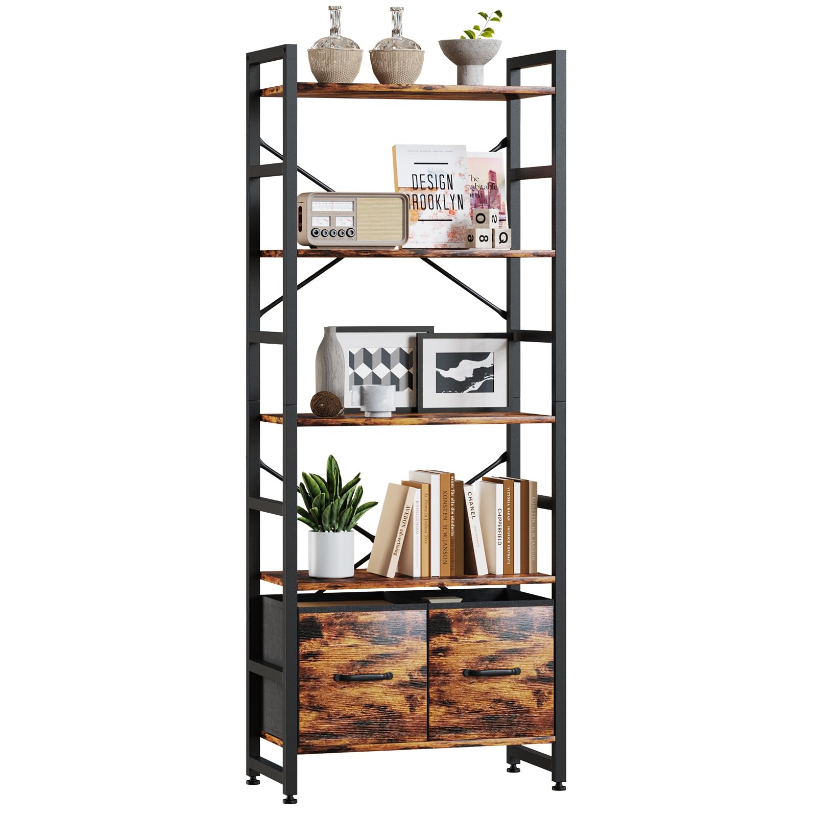 TREETALK 5 Tier Bookshelf, Standing Bookcase With 2 X-Shape
