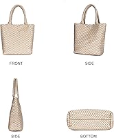 Vista 6 de Bolso de mano tejido para mujer, bolso grande de cuero tejido para mujer, elegante bolso de verano para trabajo, viajes, playa Dorado