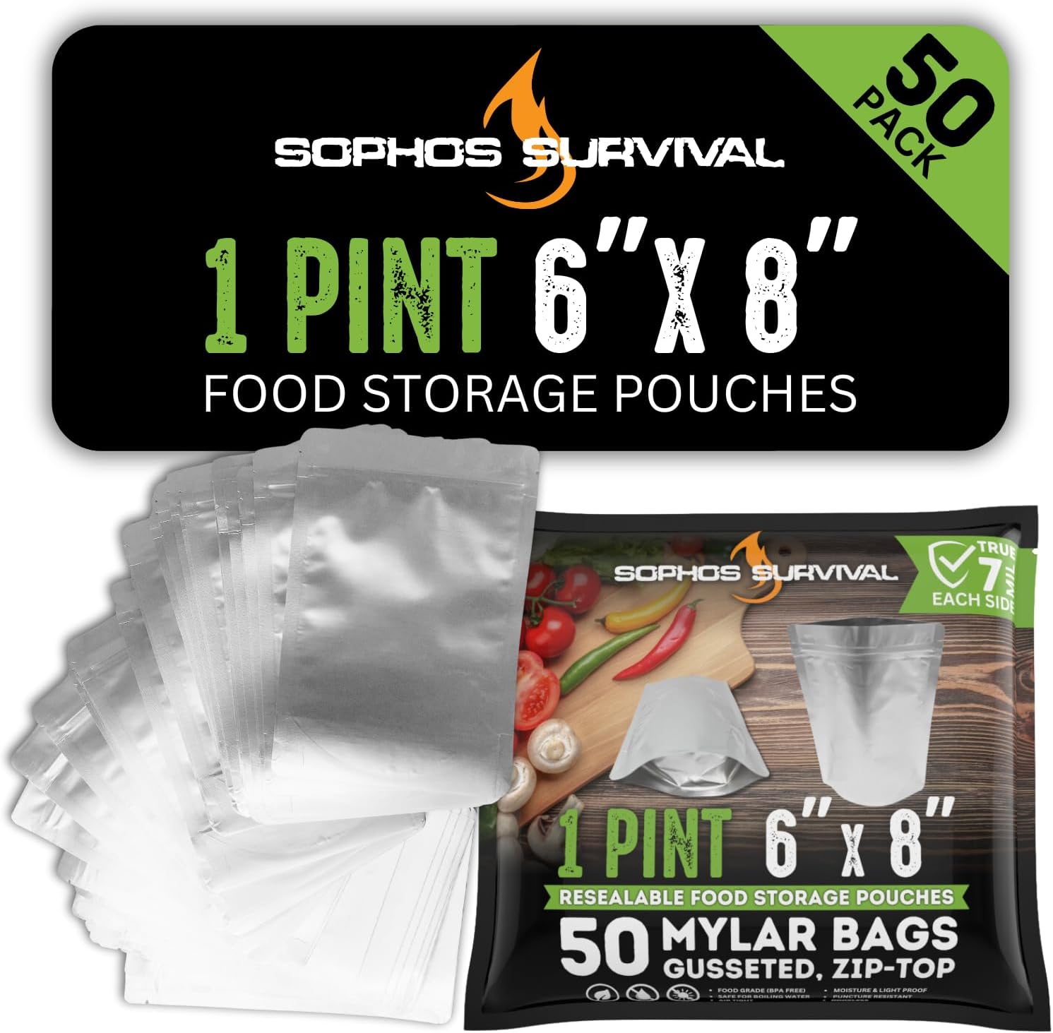 6x8 (1 pint) Mylar Bags | 7-Mil, Gusseted, Zip-Lock (pack of 50)