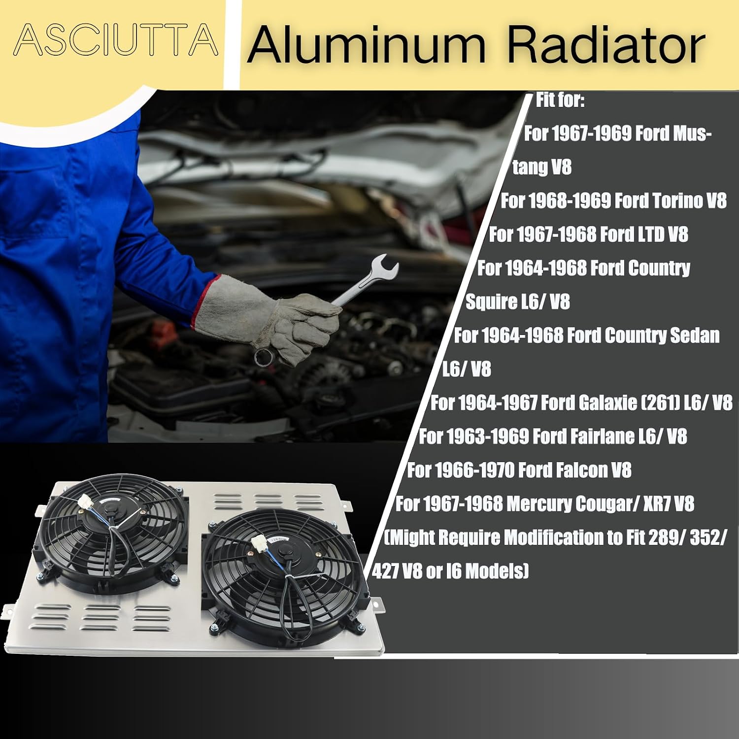 Aluminum Shroud Fan+Relay for 1967-1970 Ford Mustang/Fairlane/Ranchero/Galaxie/LTD/Torino/Country Squire Mercury Cougar L6 V8 Gas