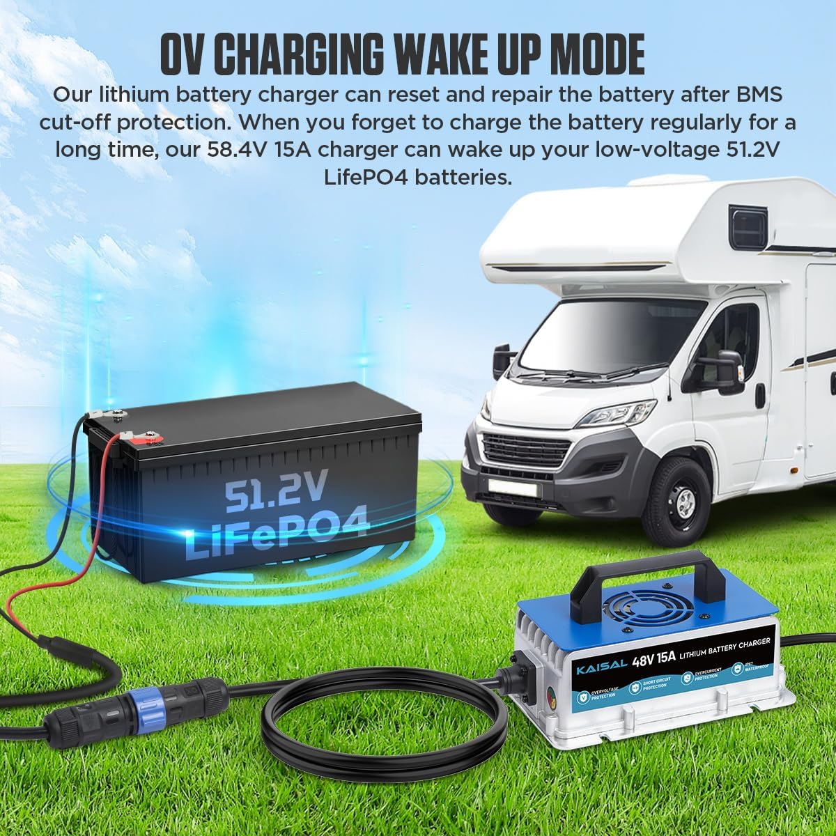 Lithium Battery Charger 48 Volt/58.4V 15A for 48V (51.2V) LiFePO4 Battery 0V Wake Up 48V Lifepo4 Battery Charger, IP67 Waterproof, for Golf Cart, Cars, Forklift, Outboard, Boat, Solar, RV, Off-Grid