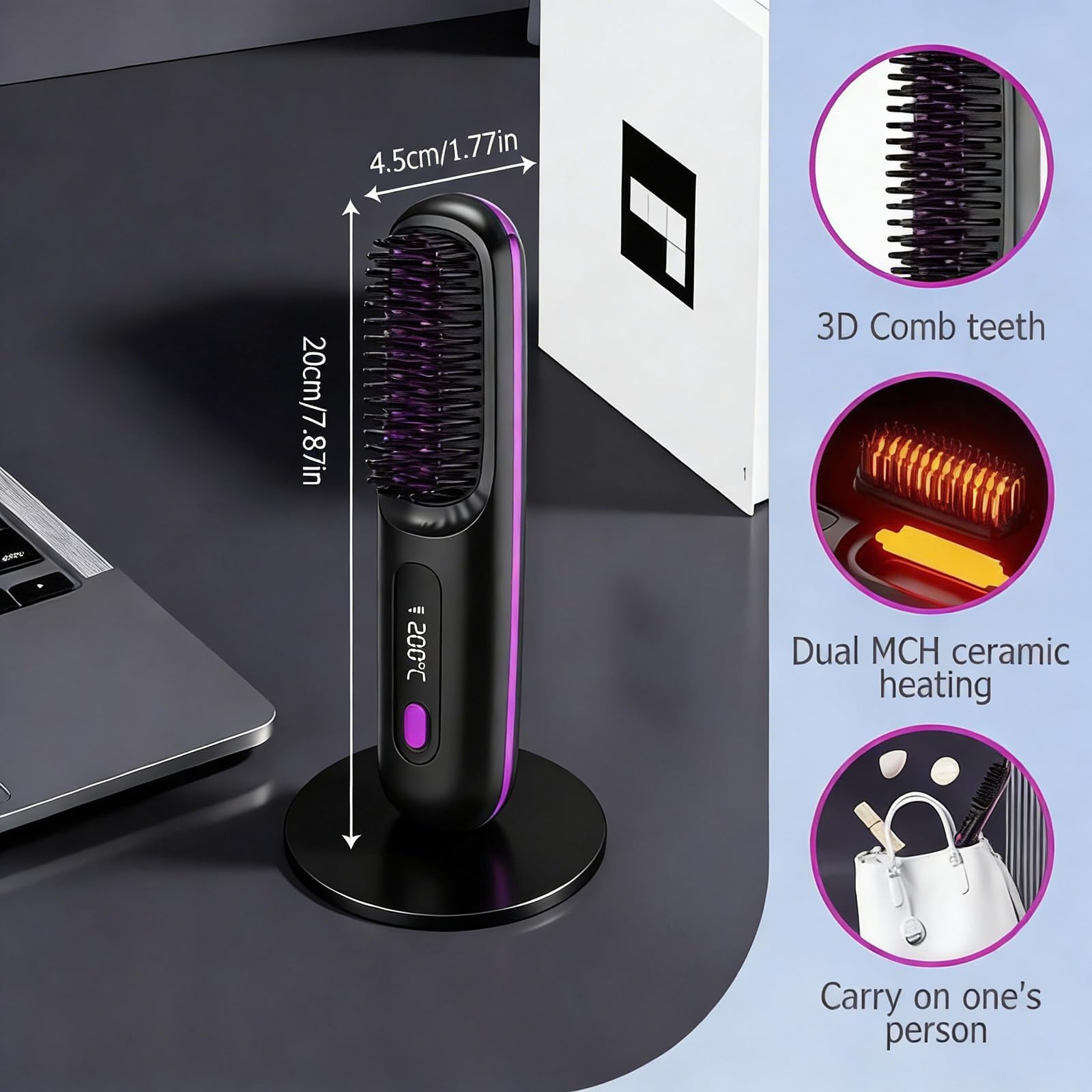 Go Brush Pro, Cordless Hair Straightener Brush, for Hairs Styling,Rechargeable Heated Styling Brushes for Travel &Daily - 3