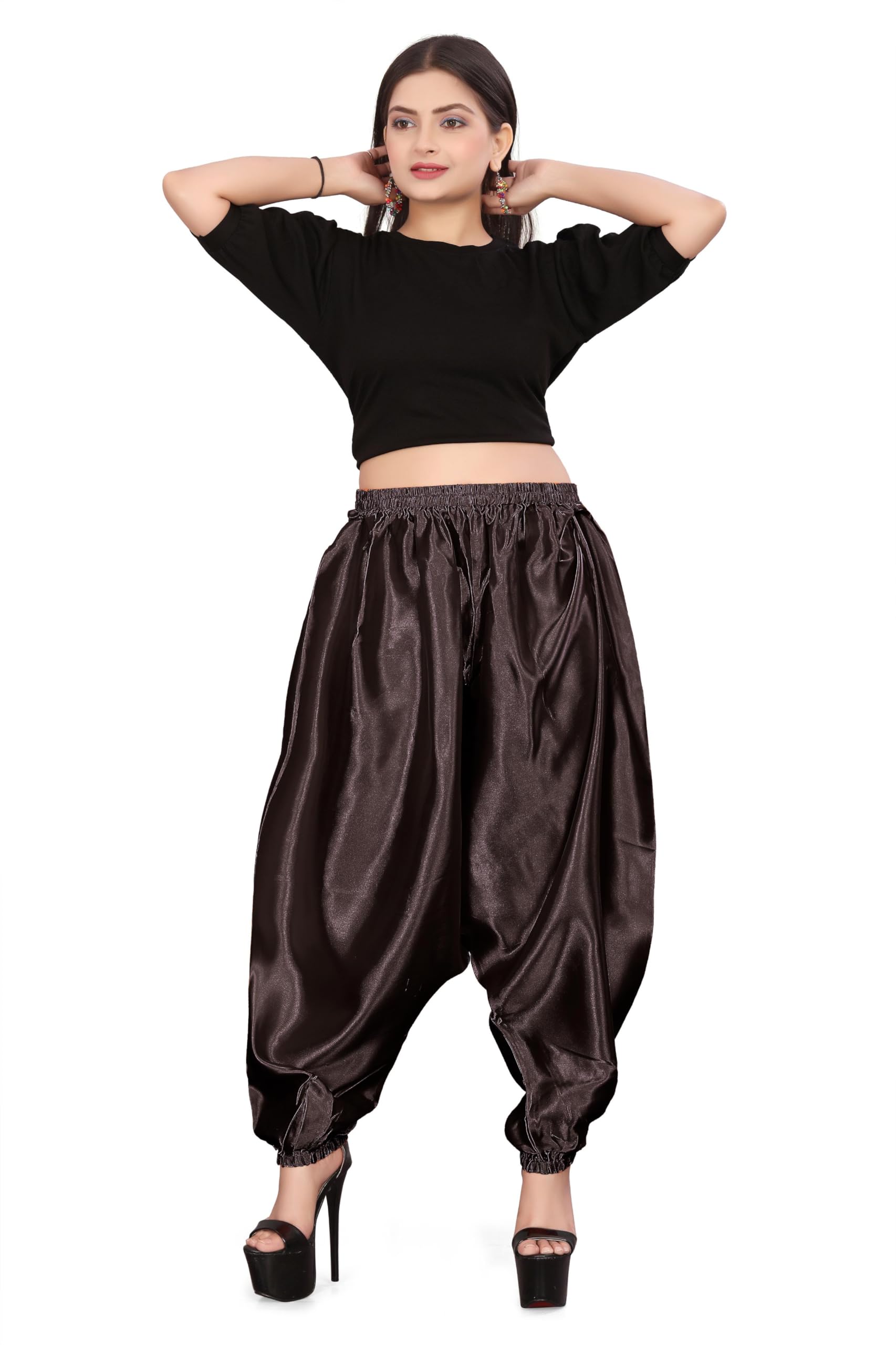 MEEK MERCERY BY KF Satin Belly Dance Harem Boohoo Pant – Elastic Waist, S to 5XL – 41 Colours – Flowing Performance Costume for Stage, Bollywood, Cosplay, Festival & Lounge Wear Brown