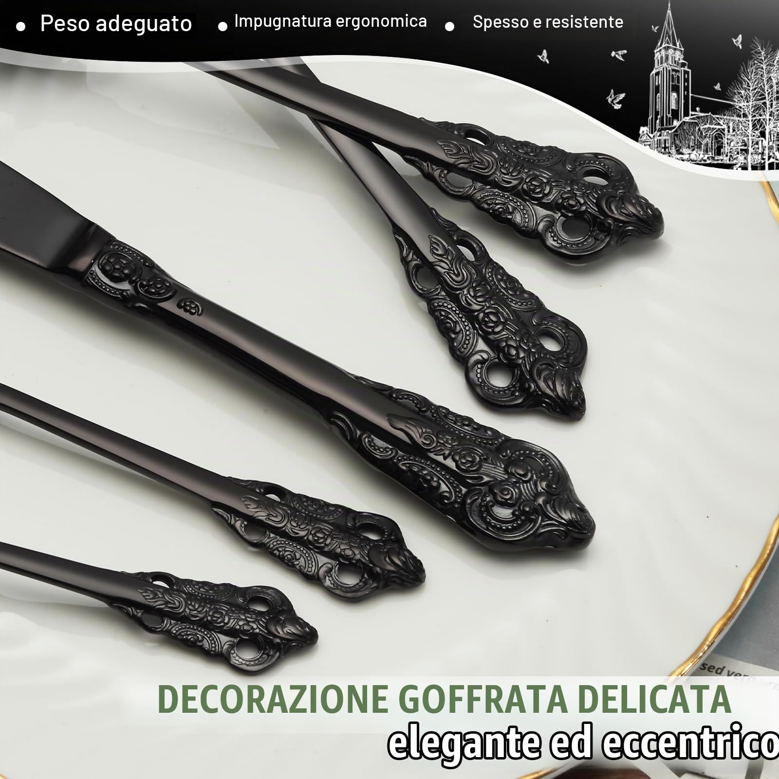 BEWOS Set Posate Palazzo d'Nere 30 Pezzi, Posate Acciaio Inox, Manici in Rilievo, Posate per Famiglia e Banchetti, Confezionati in Regalo, Lavabili in Lavastoviglie