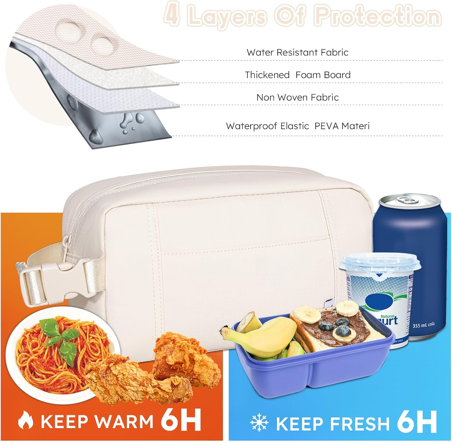 NOL Natural Organic Lifestyle Freezable Snack Bag, Leakproof Cooler Lunch Bag, Reusable, Zip Closure with Buckle Handle Nylon Waterproof Snack Box for Work Travel-Cream - Image 3