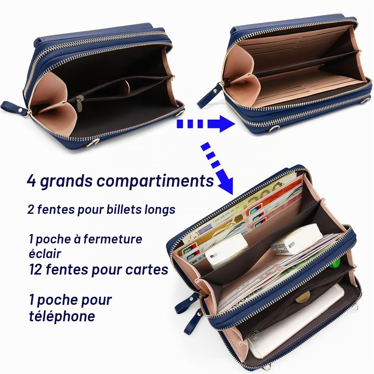 HNOOM Sac Téléphone Portable Femme Portefeuille en PU Cuir Sacs Bandoulière Femme Pochette Téléphone Portable Petit Sac à Bandoulière pour Téléphone avec Porte Carte, Bandoulière