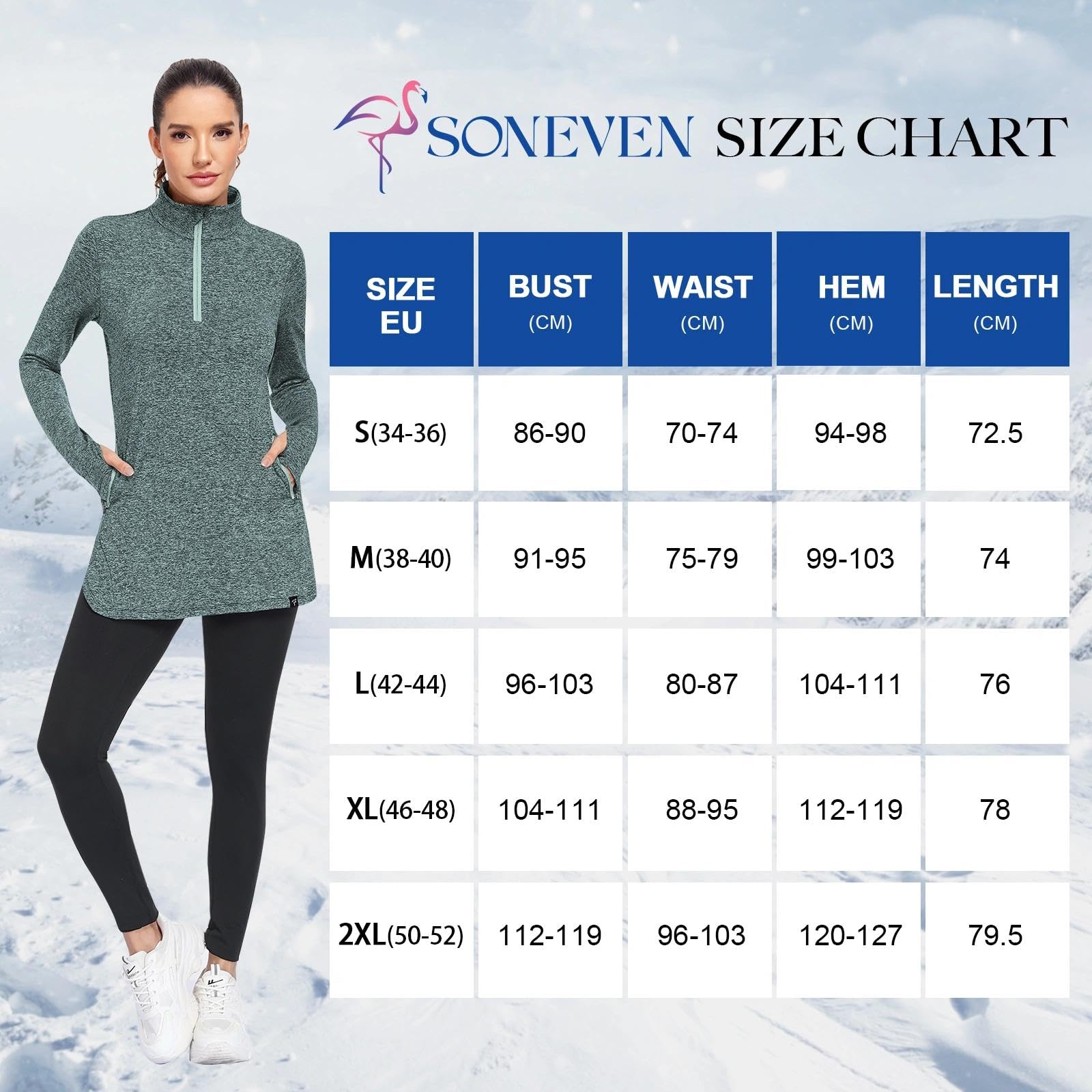 Soneven Damski sweter polarowy, stójka, tunika, z zamkiem 1/4, termiczna bluza z długim rękawem, długa górna część, ciepły sweter, na jesień i zimę