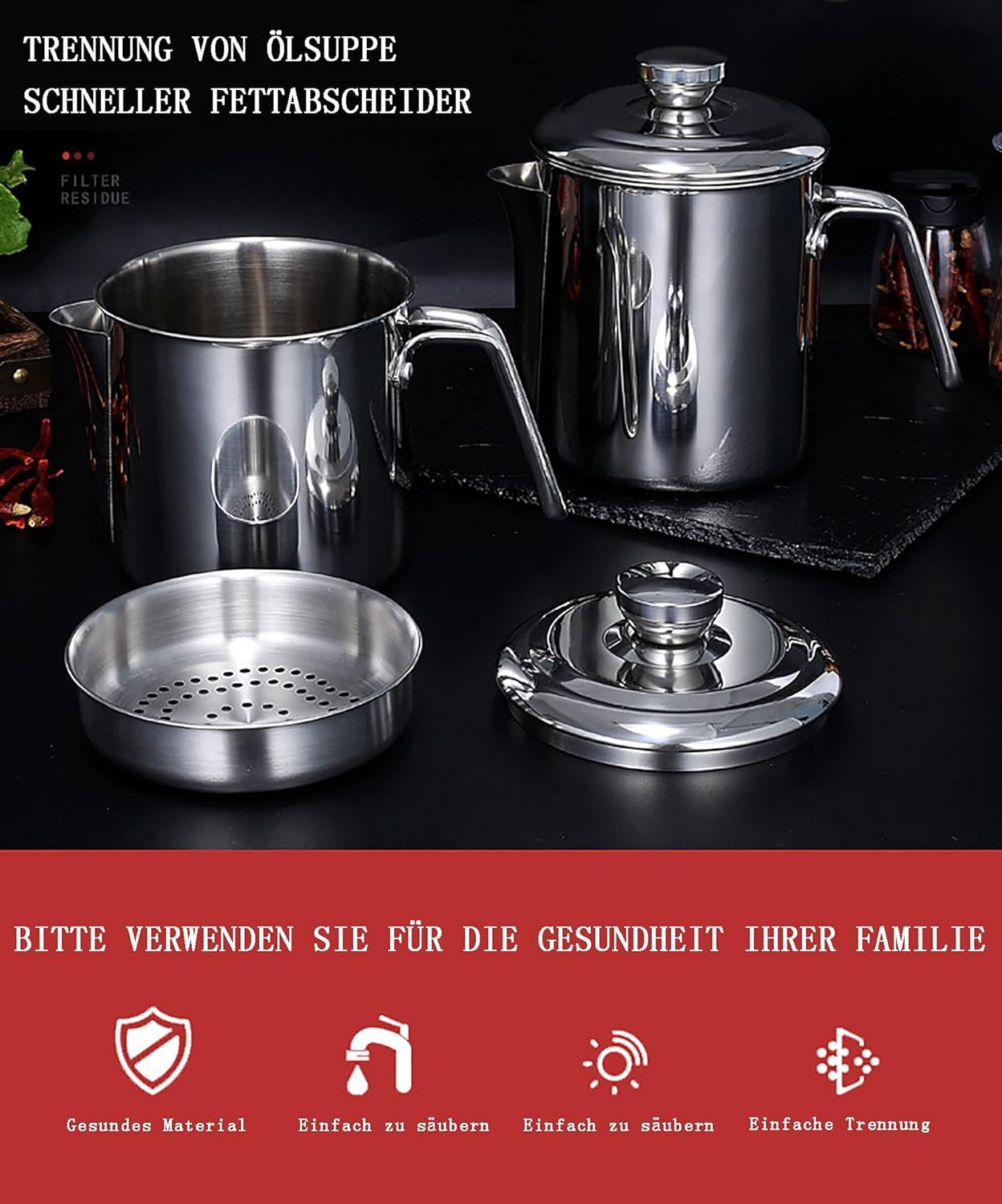 Fettabscheider Edelstahl, Fetttrennkanne, Soßen Fetttrenner Sauciere Fetttrenner Mit Deckel Für Das Abschöpfen Von Fett Aus Soßen Und Suppen 1300ML
