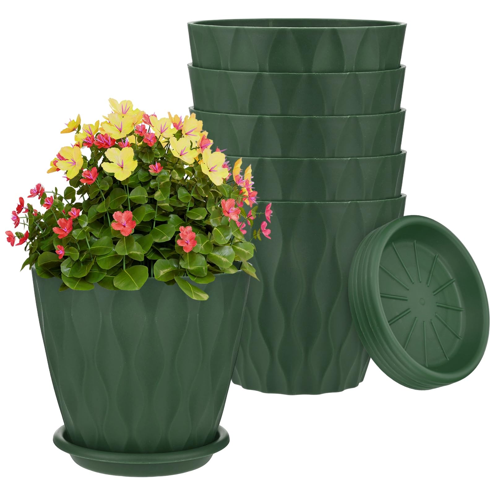 M METERXITY 6-Set Plant Pots, 6 Inch Plastic Water Ripple Flower Pots with Drainage Hole and Tray Saucer for Outdoor/Patio/Garden/Home Decor, Planters for Indoor Plants [Deep Green]