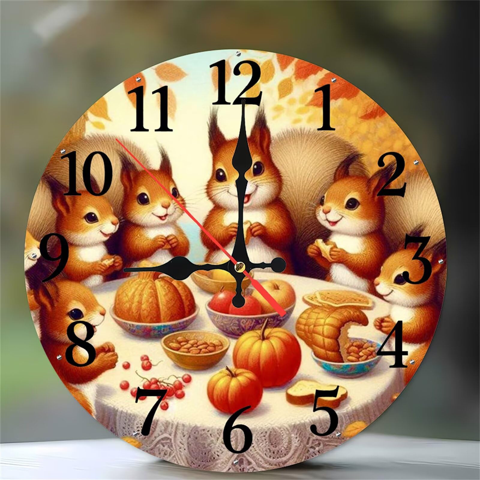 Horloge murale silencieuse 30 cm motif écureuil d'automne pour salon et bureau