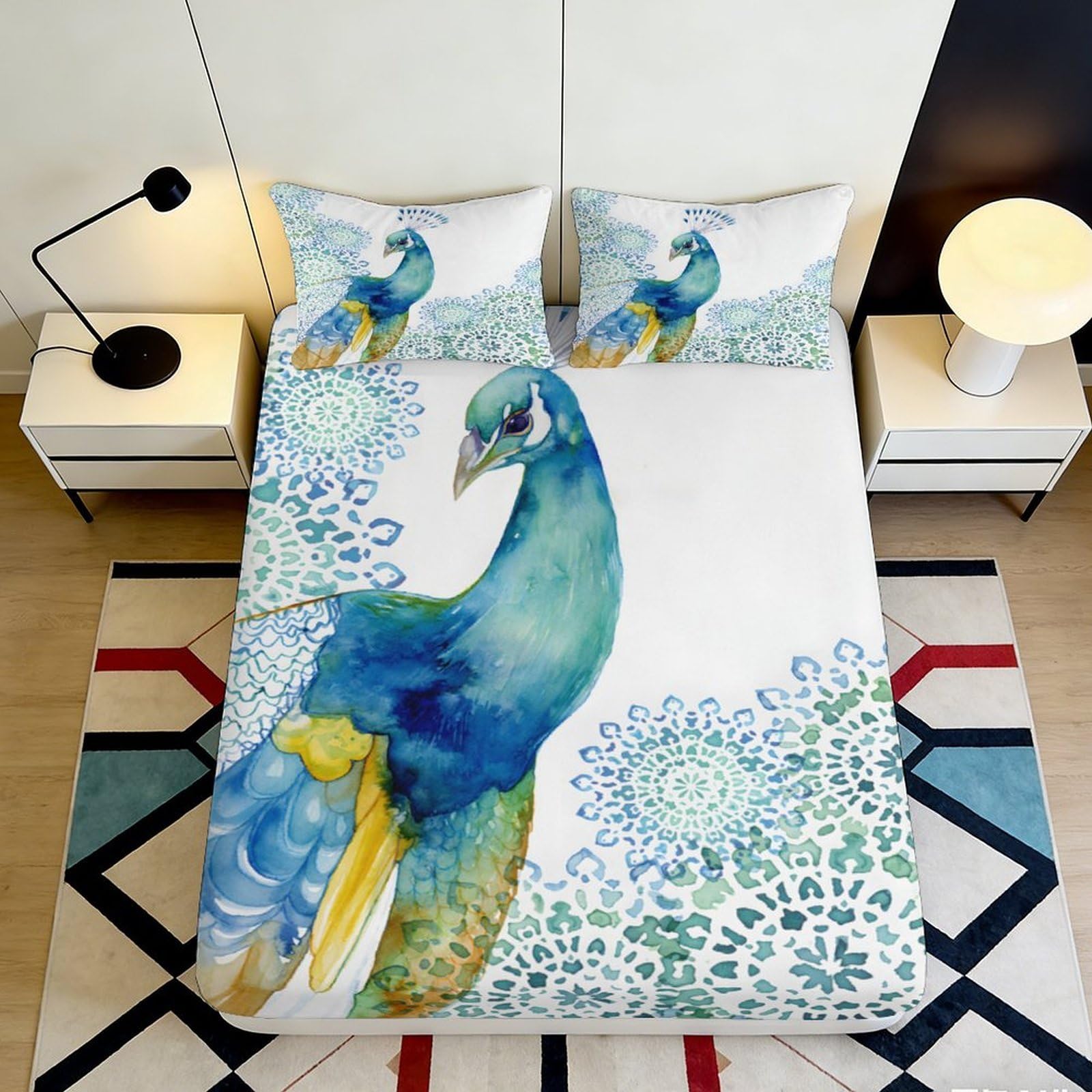 3D Printed Peacock Art Fitted Sheet Microfiber Soft Non-Slip Blue Green Mandala Mattress Cover Bedroom Decor 200x200x25cm