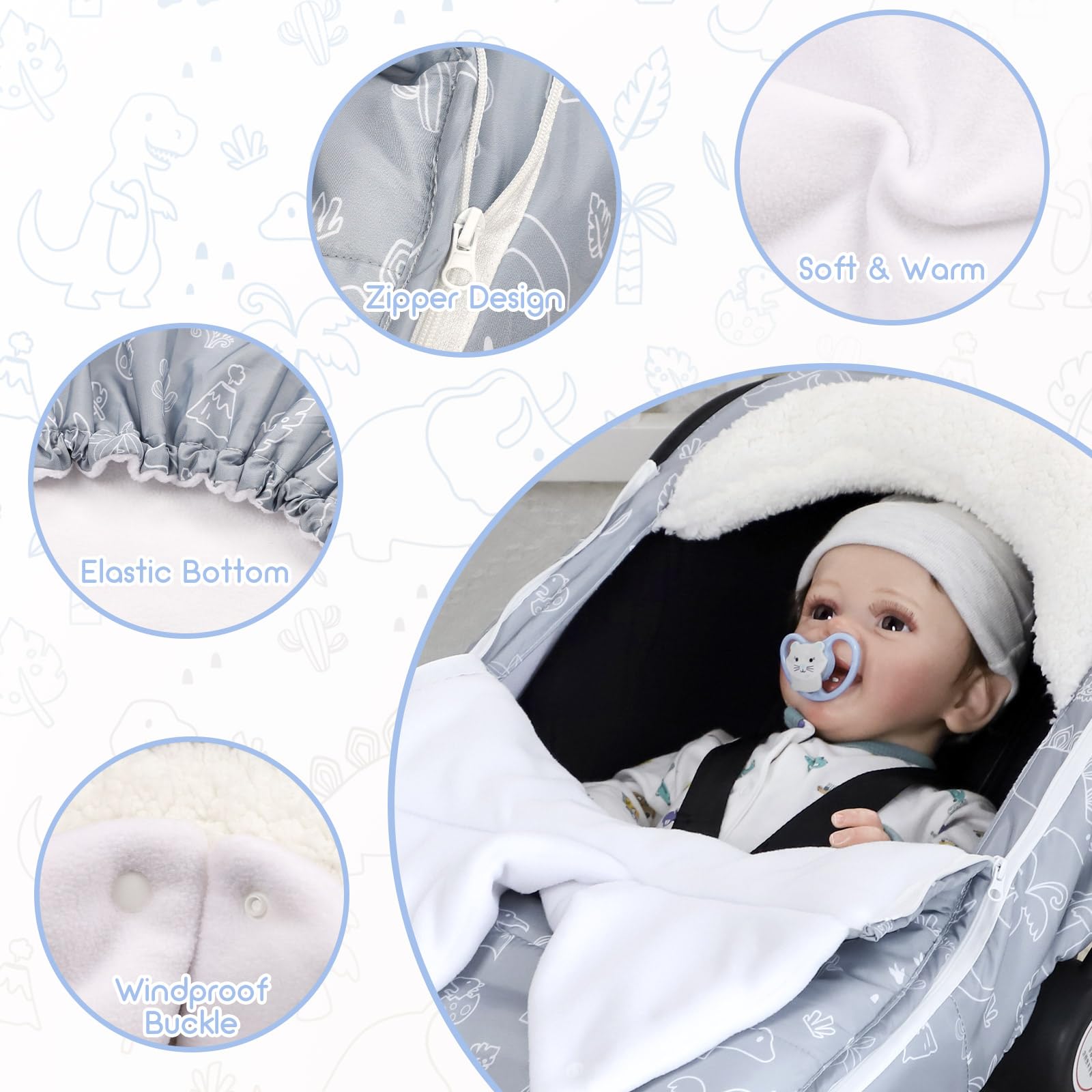 DILIMI Car Seat Covers for Babies, Winter Baby Car Seat Cover, Infant Car Seat Canopy for Boys Girls, Warm Windproof Carseat Canopy for Newborn, Dinosaur