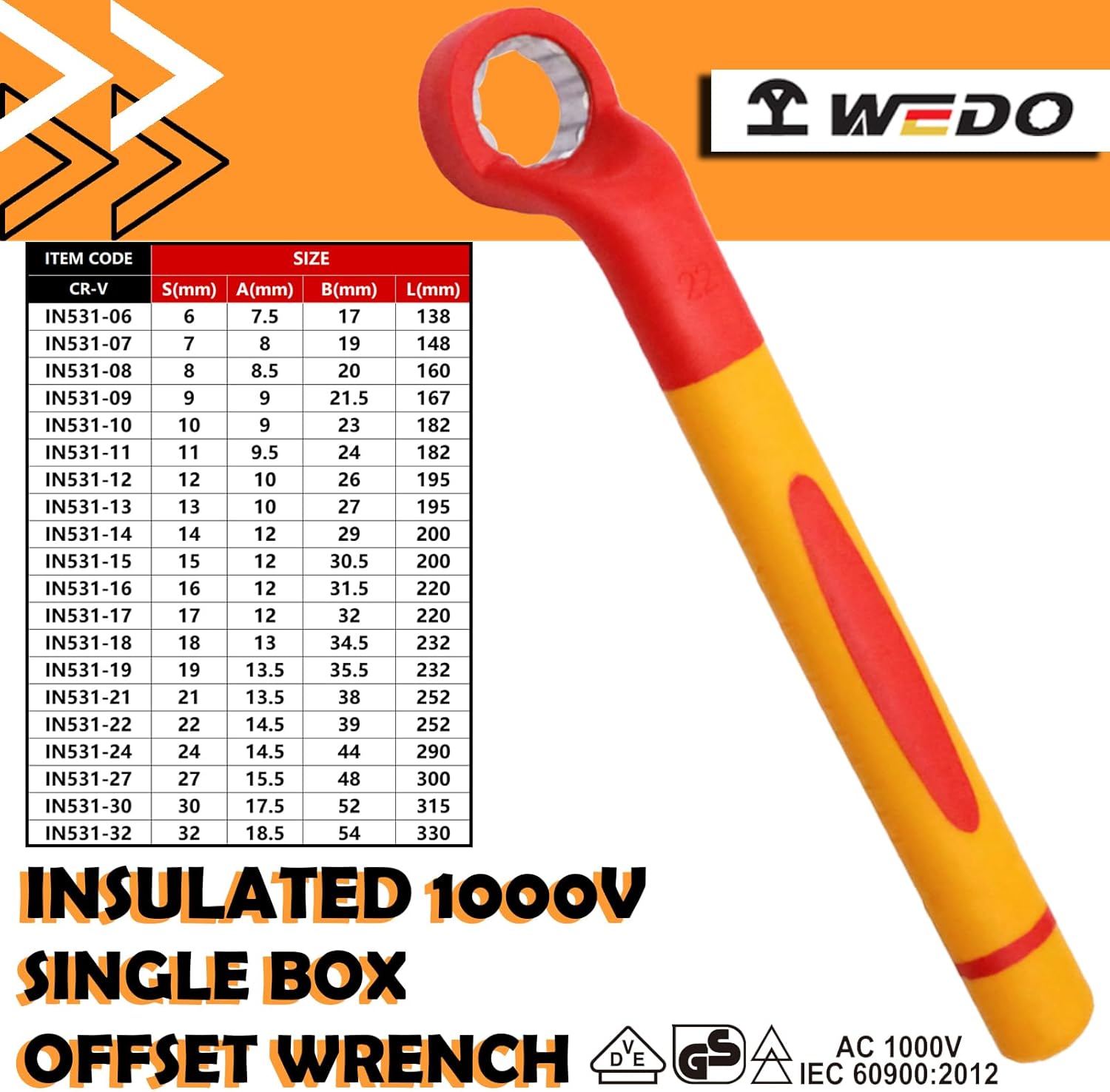 WEDO Insulated Single Box Offset Wrench,Size 8mm,Length 160mm, VDE 1000V, IEC 60900, CR-V, 1000 Volt Insulated Tools for Electricians,Suit for power maintenance, power station
