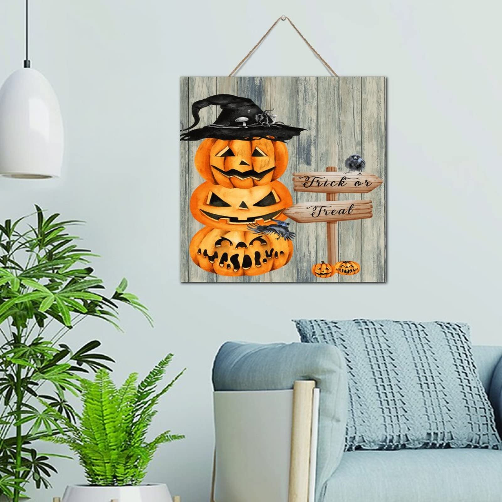 Décoration Trick Or Treat en bois noble avec jolis oiseaux noirs et citrouille
