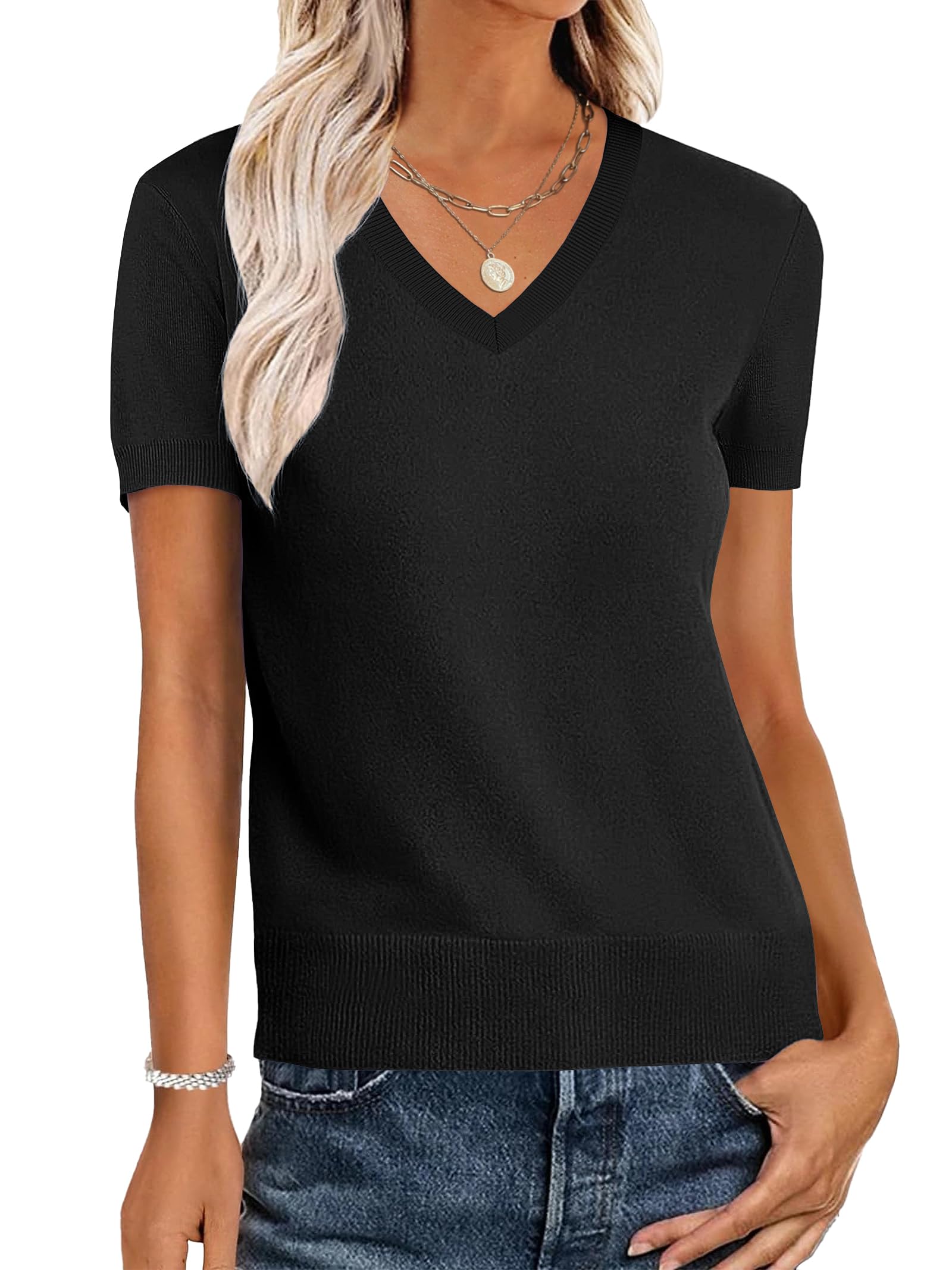 ANRABESS Women Wool Blend Sweater Summer 2026 Short Sleeve V Neck Pullover Top Business Casual Outfit Beach Vacation