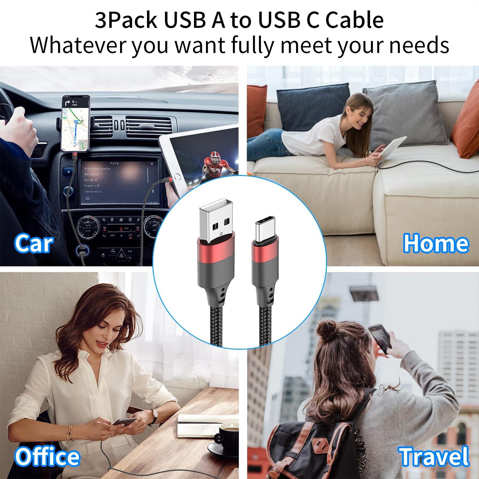 Cavo USB C da 0,9 m, confezione da 3 cavi da USB A a USB C per iPhone 16 15, in nylon intrecciato di tipo C, cavo di ricarica rapida per Samsung Galaxy S24 S23 S22 Note 20 10 A50 A20 Moto G LG
