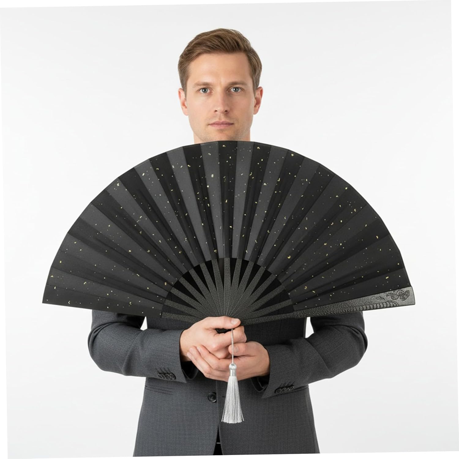 Metal Folding Fan Chinese Style Aluminum Alloy Hand Fan Foldable Traditional Black Silk w/Cloud Dragon Pattern 12.8x23.6 Inch