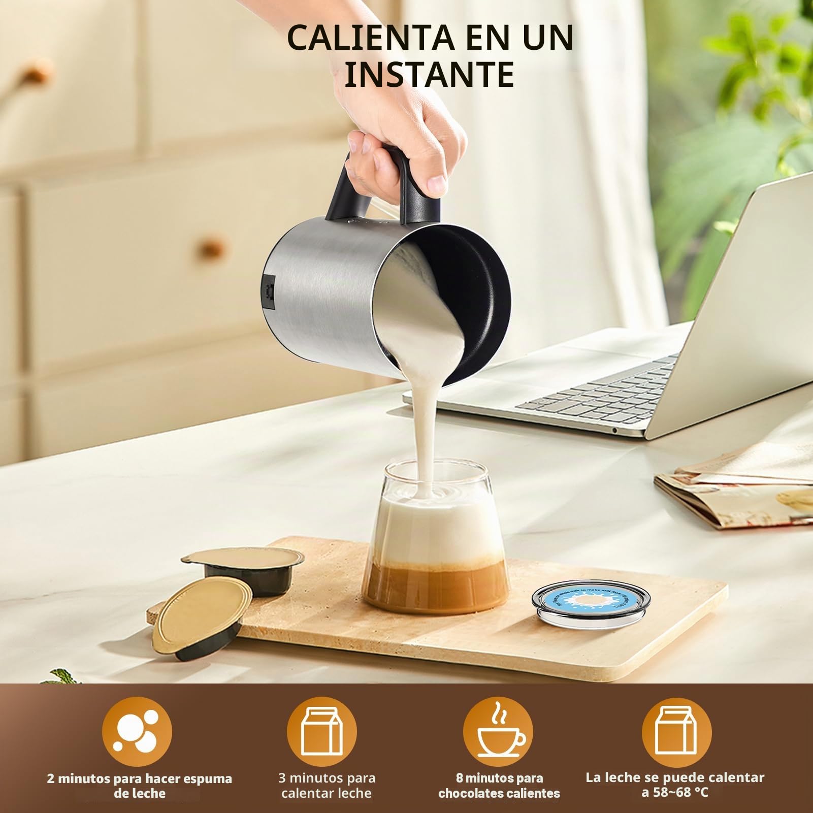 Morpilot Espumador de Leche Eléctrico, Milk Frother 6 en 1 para Leche Caliente y Chocolate, Espuma Caliente y Fría, 350 ml, 550 W, Acero Inoxidable