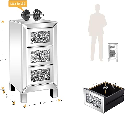 Miniatura 2 de VINGLI Mesita de noche con espejo de 3 cajones, mesa auxiliar de cristal, totalmente montada, color plateado