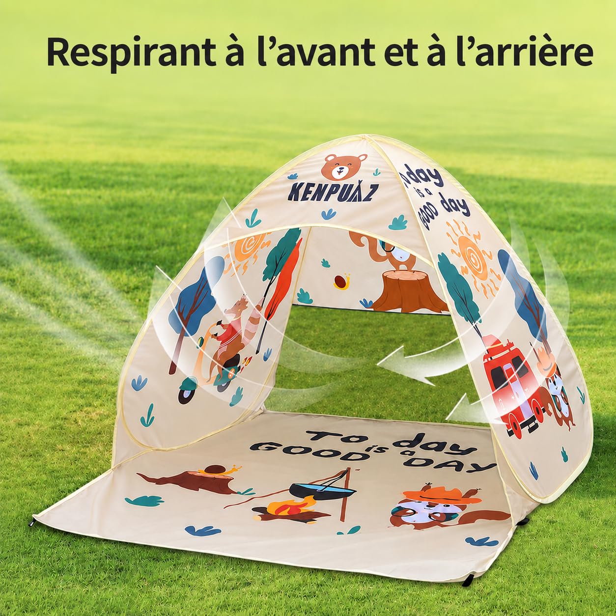 Grande Tente de Plage Pop Up 143x160x120cm – Abri Soleil Anti UV UPF50+ | Protection Enfant & Bébé – Respirant & Imperméable, Portable avec Sac de Rangement et Piquets, Motifs Animaux, Beige