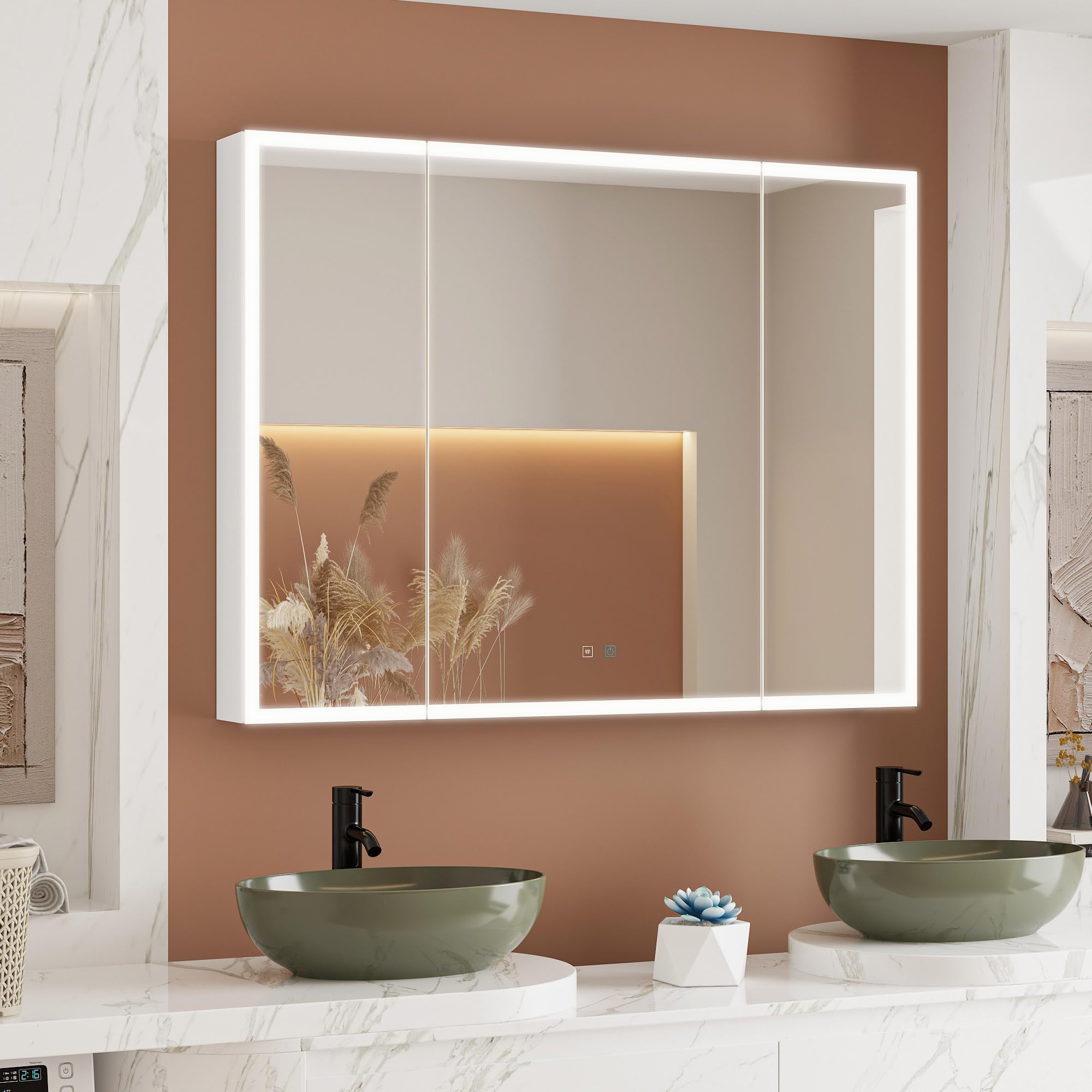 Lovinouse Bathroom Medicine Cabinet with Mirror & LED Lights, Extra Large Rectangle Wall Mounted Storage Cabinet w/Glass Doors, 9 Shelves & Anti-Fog Function, 45.9 X 34.6 Inch,White