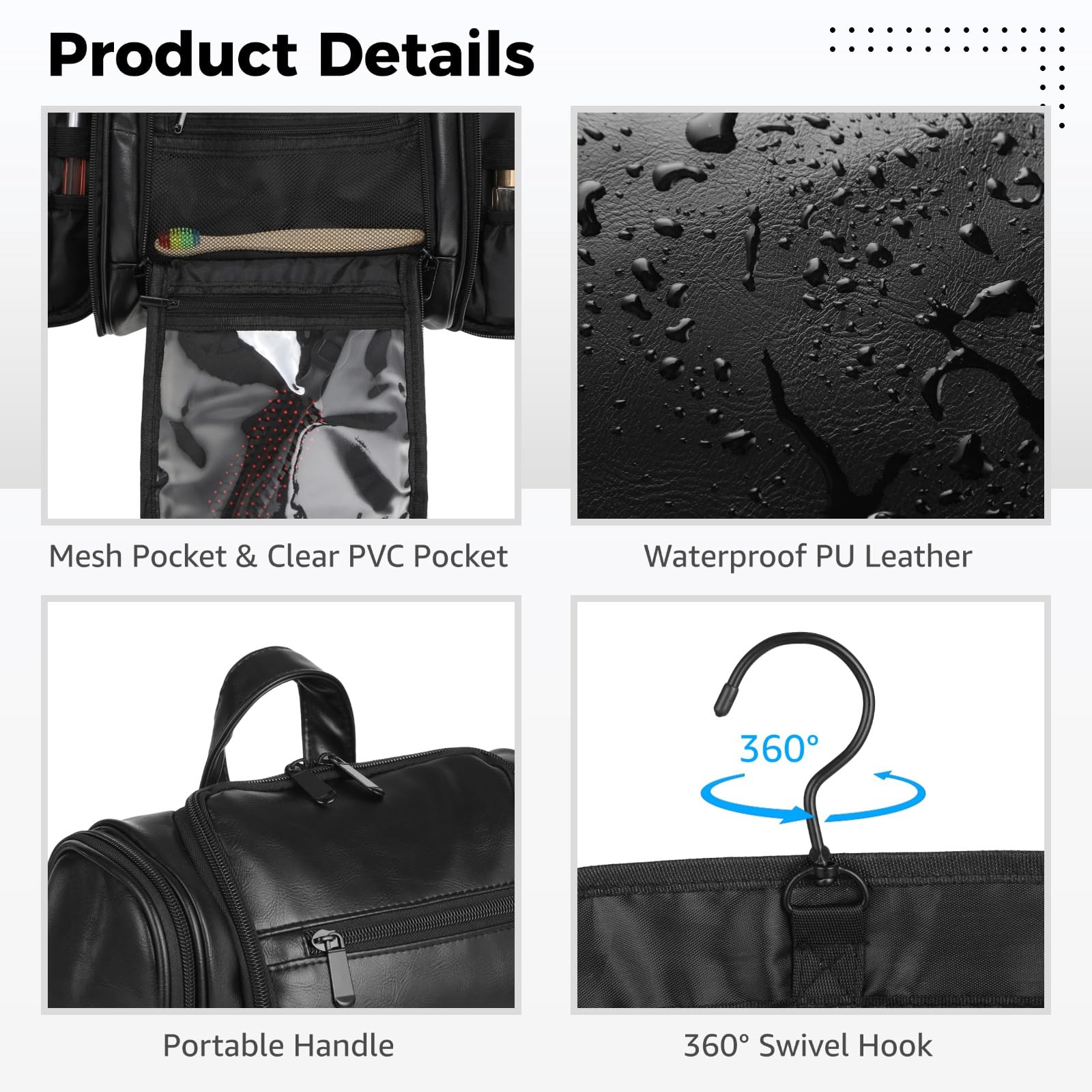 Neceser colgante para hombre, organizador grande de piel sintética con gancho giratorio, estuche de almacenamiento de higiene con cremallera para kit de afeitado, artículos esenciales de aseo