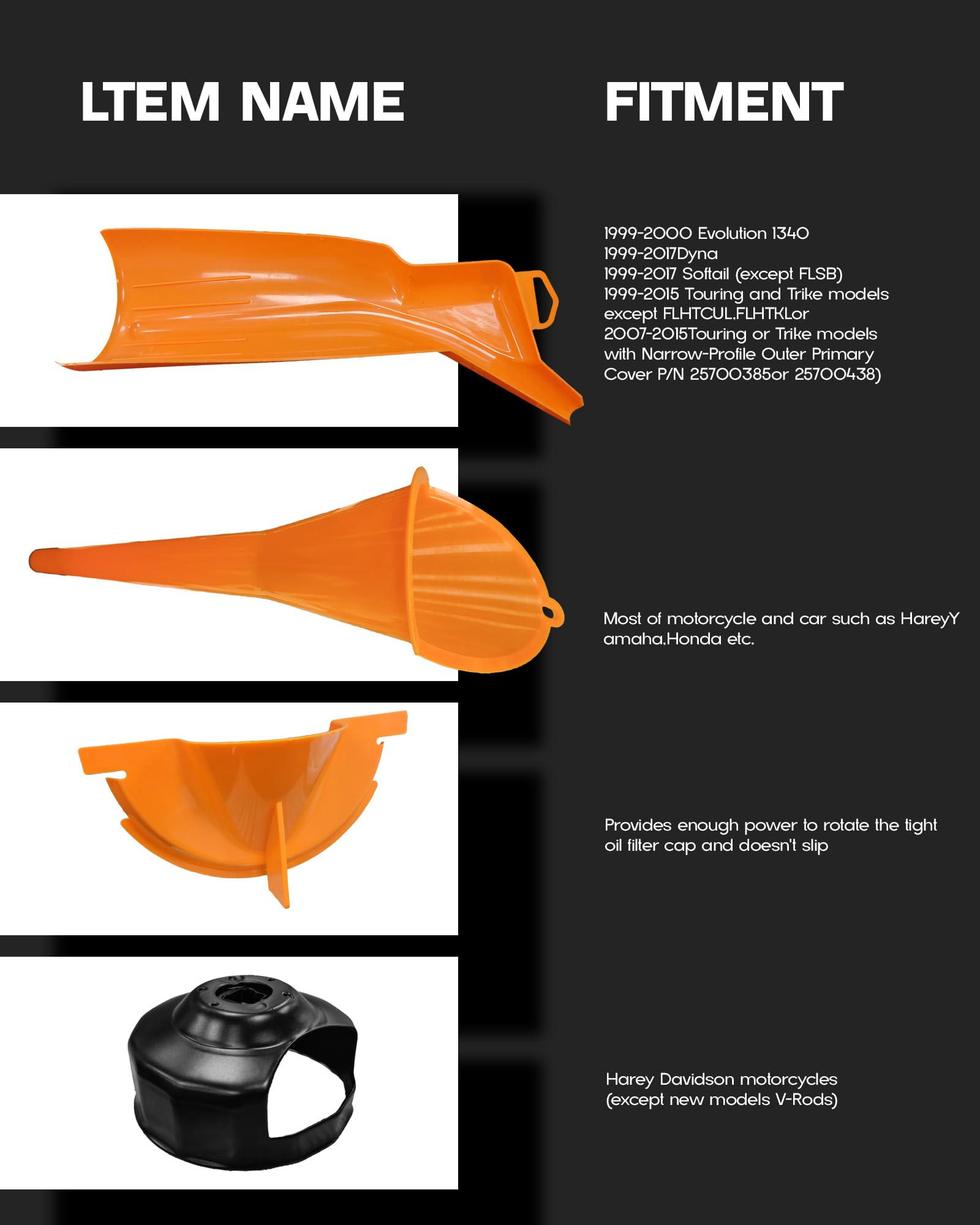 Kit de 6 outils de vidange huile pour Harley, entonnoir à huile primaire et entonnoir de filtre anti-goutte