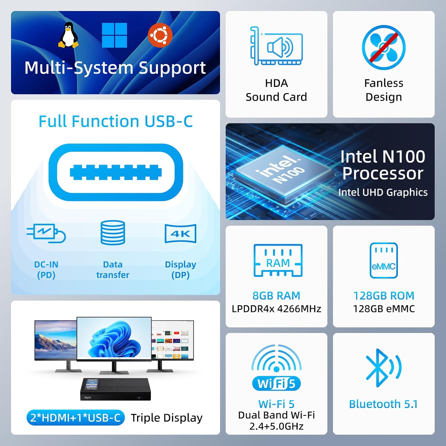 MeLE Mini PC Quieter 4C N100 NO OS Fanless Mini Computers, 8GB RAM, 128GB Storage, 2.4/5G Wi-Fi, Full-Functional USB-C, 4K Triple Display Desktop on Home, Office, Education, Astrophotography - Image 3