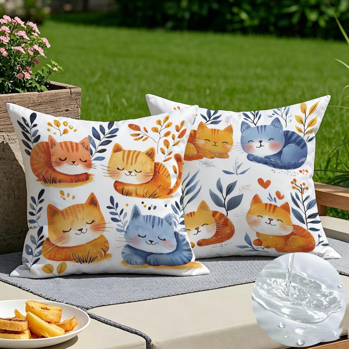 Lot de 2 housses de coussin chat 60x60 cm imperméables en lin pour le jardin et salon