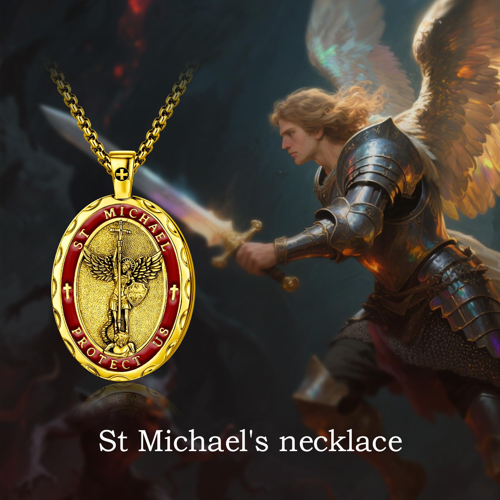 Collana con ciondolo di San Michele, placcata in oro 24 carati con smalto rosso, catena da 50 cm, medaglia di protezione religiosa, forma ovale