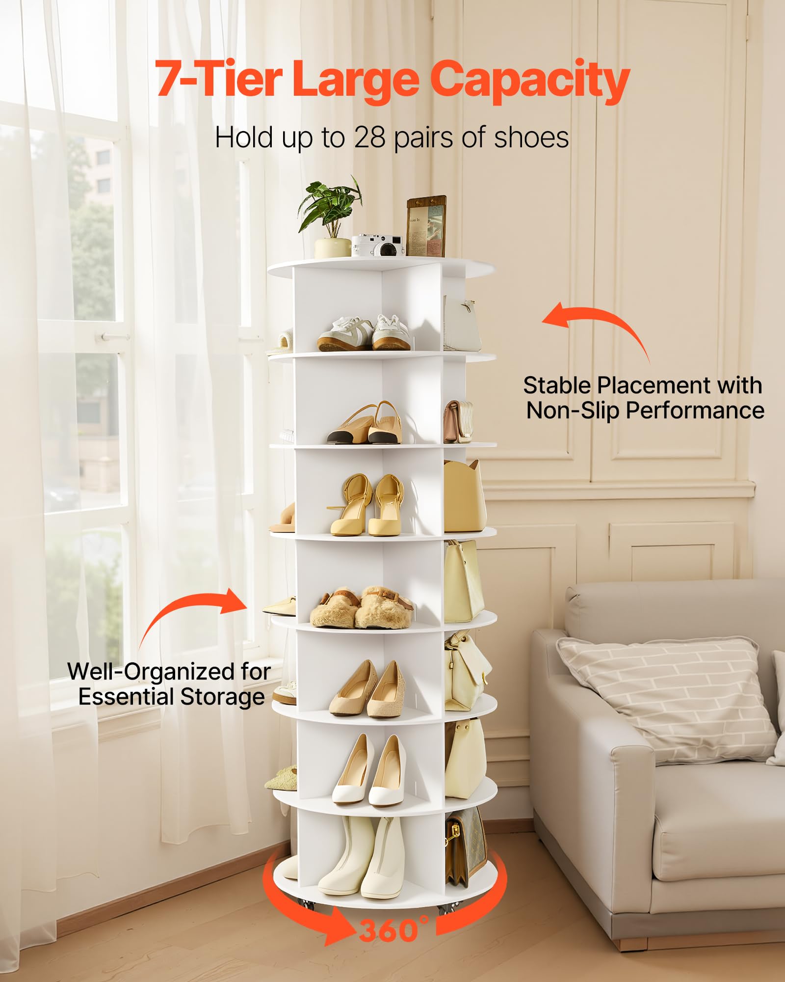 VEVOR Carosello Portascarpe Supporto Girevole a 360° 598 x 598 x 1670 mm per 28 Paia di Scarpe 7 Ripiani, Portascarpe con Ruote, Ripiano per Scarpe per Camera da Letto, Soggiorno, Ingresso, Bianco