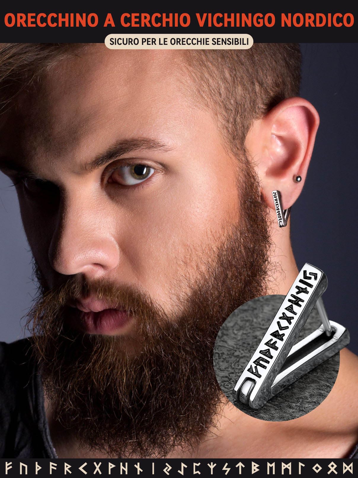 FaithHeart Uomo Donna Orecchini Cerchio di Rune Vichinghe Rune Celtiche Orecchini Cerchio Argento 925 / Acciaio Inox Antiallergico con Onice Gioielli Amuleto Nordico