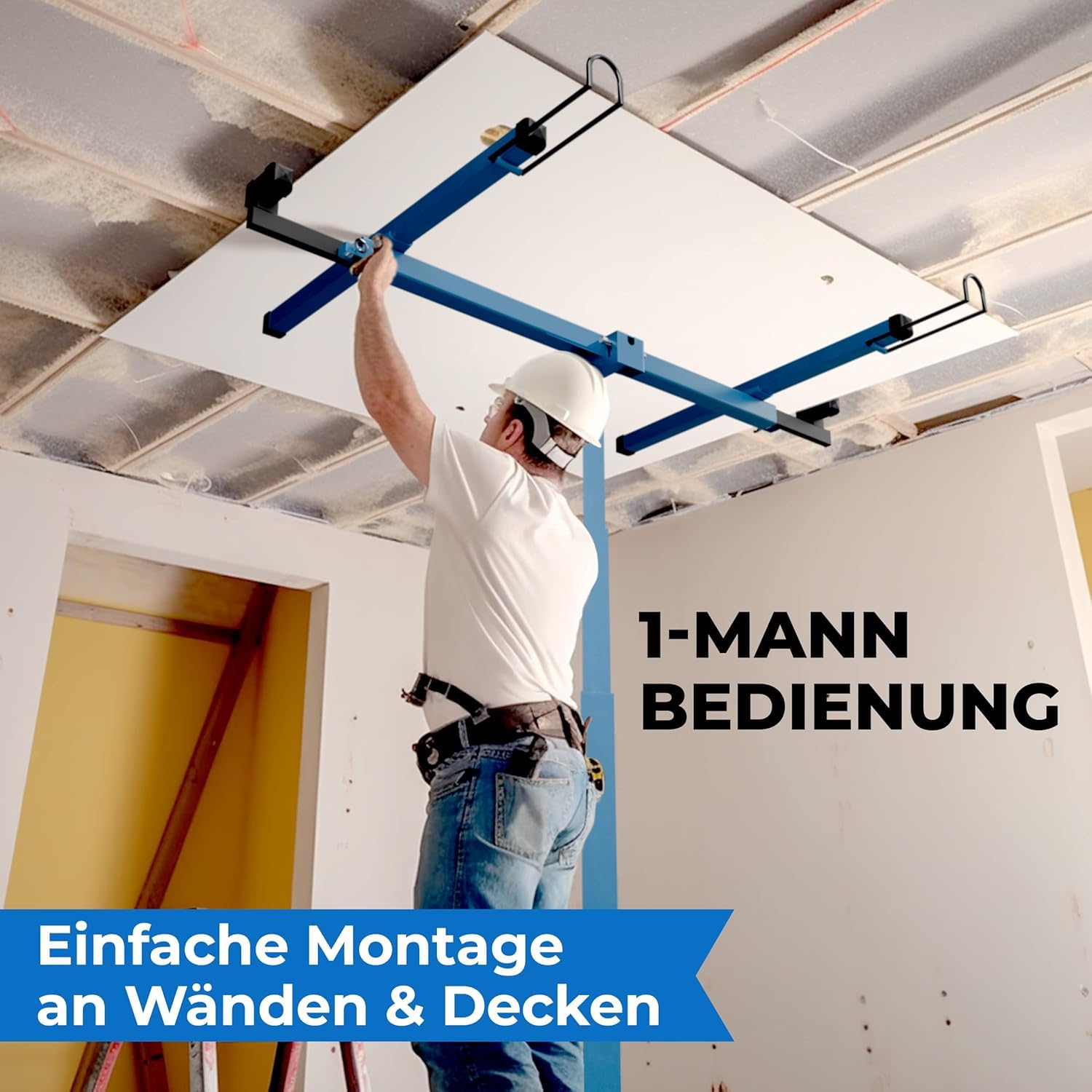 Plattenheber Trockenbau - Plattenlift bis 325cm und 68kg - 1- Mann Plattenlift für Rigipsplatten - für Decken und Wände (Blau)