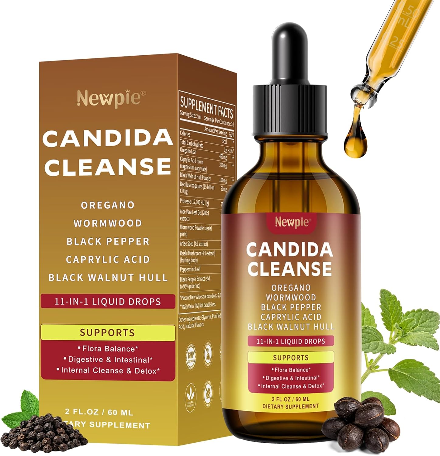 Candida Cleanse & Parasite Cleanse Detox | Black Pepper-Boosted Triple-Targeting Formula with Caprylic Acid, Oregano, Black Walnut | Gut Health, Immune Support (2 Fl Oz)