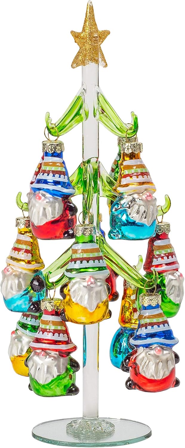 Red Carpet Studios Miniature Glass Christmas Tree with 12 Gnome Ornaments, 10-Inches