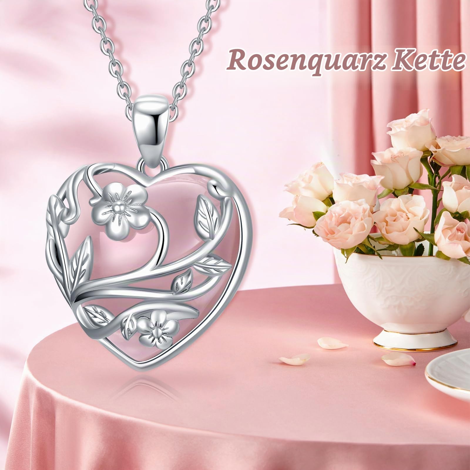 YFN Kristall Kette Sterling Silber Herz Halskette Blume Kristall Stein Anhänger Rosenquarz Schmuck Geschenke für Frauen Geburtstag Geschenke für Mama