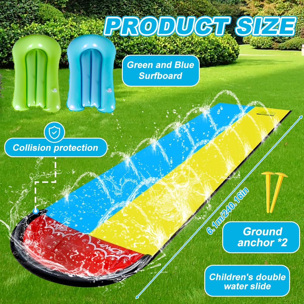 Scivolo d'acqua da giardino per bambini, 6,1 x 1,4 m, scivolo gonfiabile con 2 bodyboard, doppio scivolo d'acqua con irrigatore integrato, giocattolo acquatico per bambini adulti all'aperto