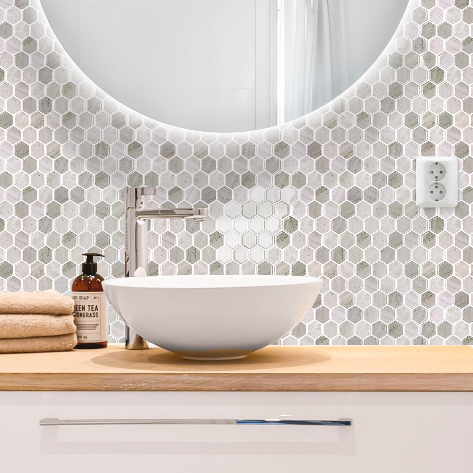 10-Foglie Esagono Piastrelle Adesive 3D Mattonelle Adesive per Muro Cucina Bagno (30.5 x 30.5cm)
