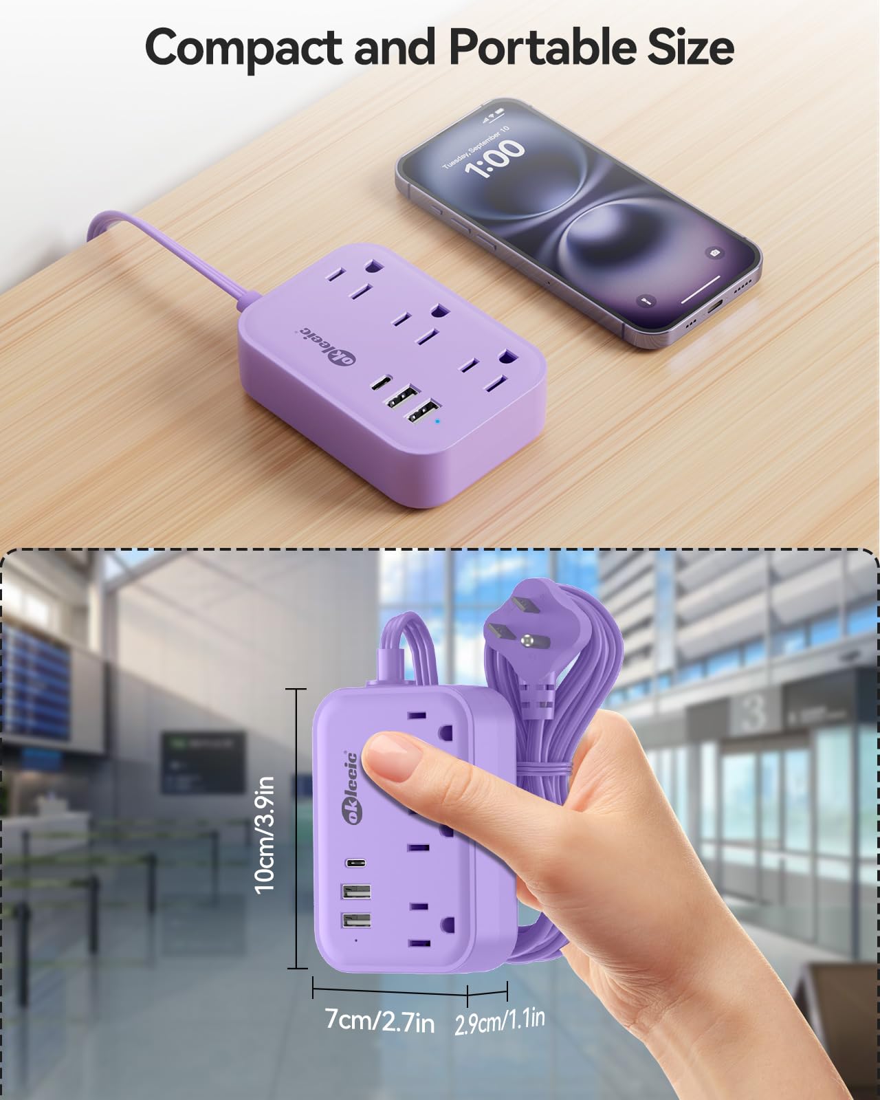 Cruise Essentials - Cavo di prolunga viola da 1,5 m, con 3 uscite AC e 3 USB, presa piatta da viaggio con stazione di ricarica USB, compatto per accessori per computer