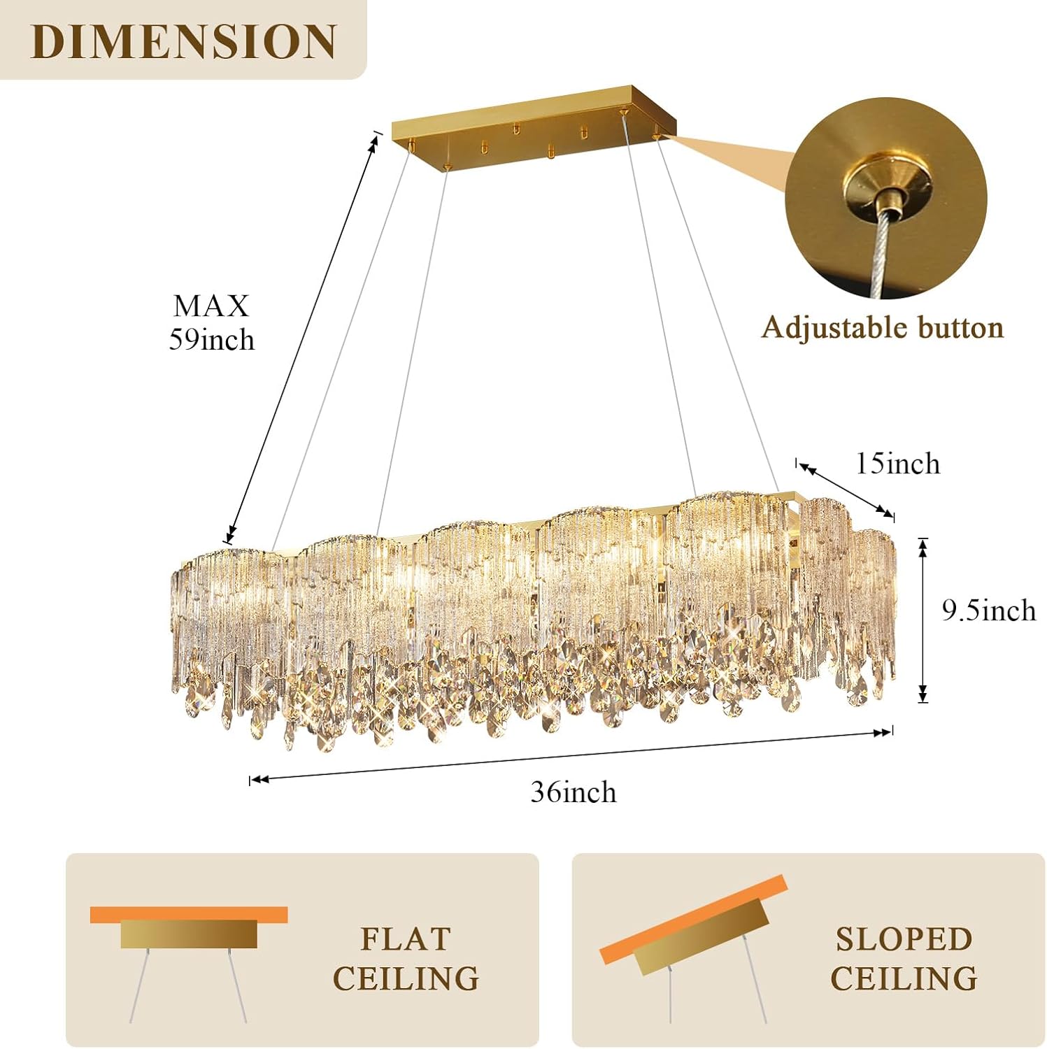 38'' Crystal Chandelier, Modern Rectangular Chandelier, 10-Light Gold Dining Room Light Fixture with Textured Glass for Kitchen Island