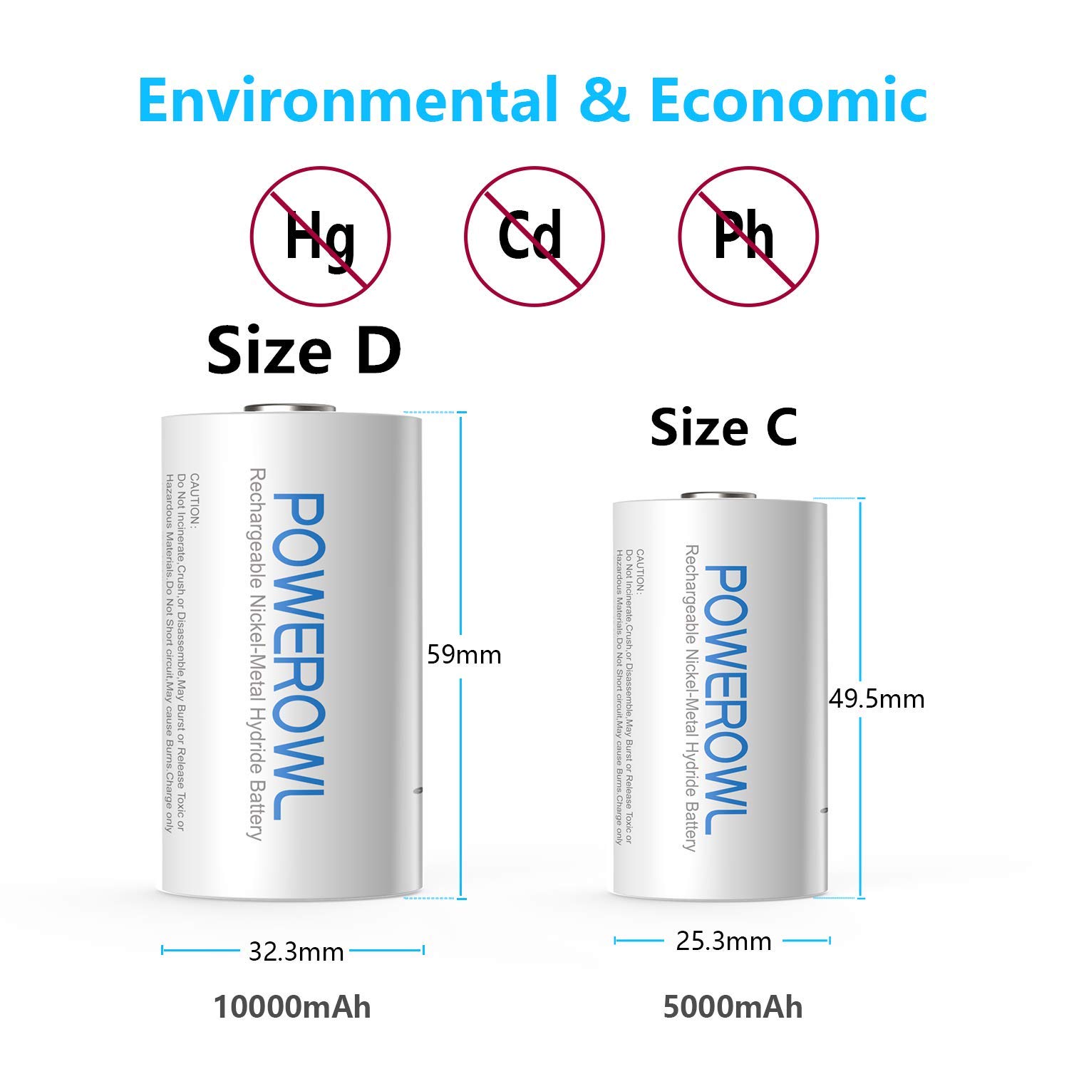 Powerowl Rechargeable D Batteries 4Pack 10000mah NiMH, D