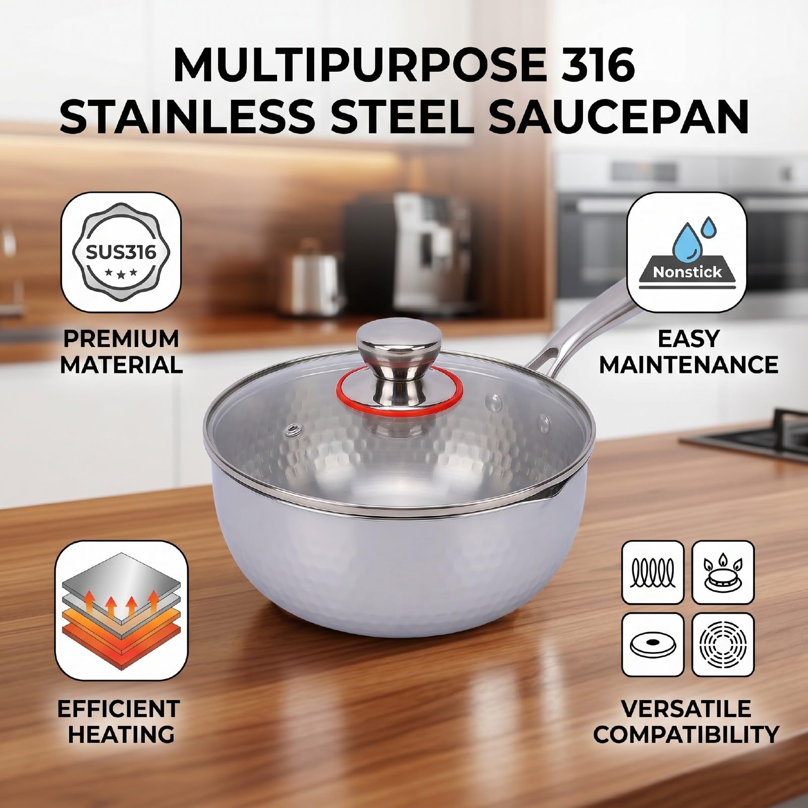 ZJchao Pentola in Acciaio Inox SUS316, Antiaderente, Fondo a 5 Strati, con Base Clad per Induzione, per Alimenti per Bambini e Salse