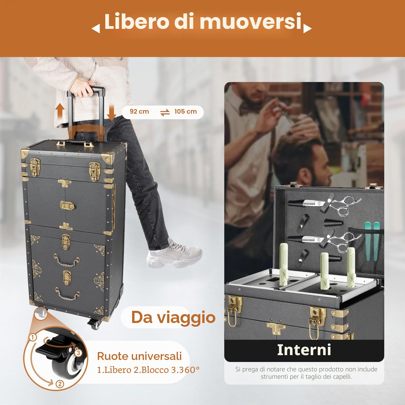 Carrello da parrucchiere a 3 livelli con lucchetto, scatola degli attrezzi per salone di bellezza, supporto per asciugacapelli, per parrucchieri, stilisti, 39 x 25 x 82 cm
