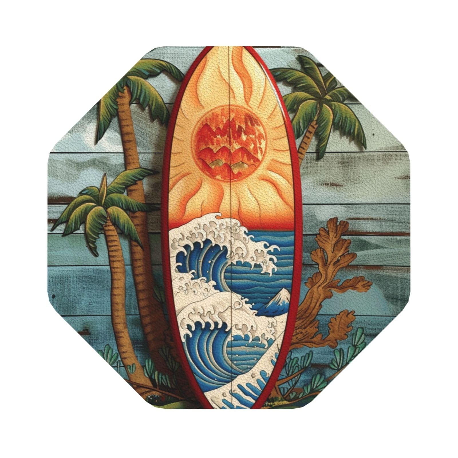 Surfing Board Print Leather Coaster Set of 6, Octagon Coasters Table Decorative Coffee Cup Beverage Coasters Wine Beer Bar Coasters for Hot Drinks Table Protection
