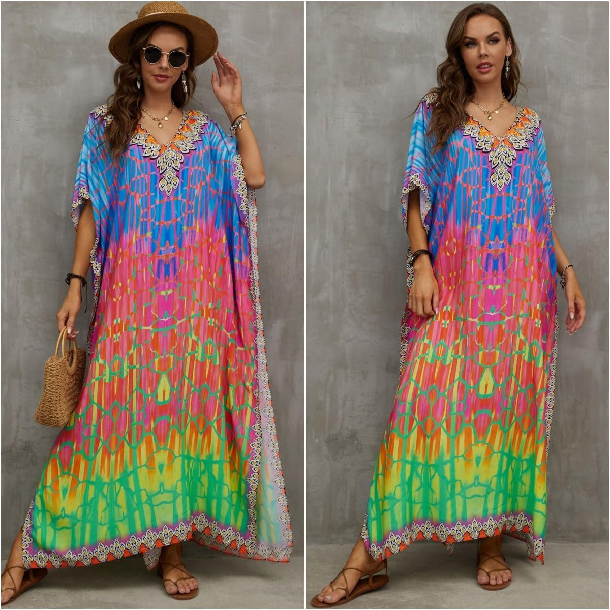 Kaftan Dresses for Women Plus Size Bathing Suit Cover up Batwing Sleeve Caftan Maxi Beach Dress - Image 5