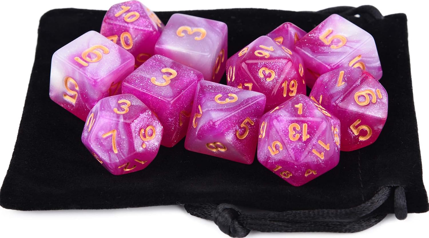Set of 11 RPG Dice Set with Drawstring Bag for Dungeons and Dragons 5e DND Tabletop Games (Fuchsia Rose Glitter)