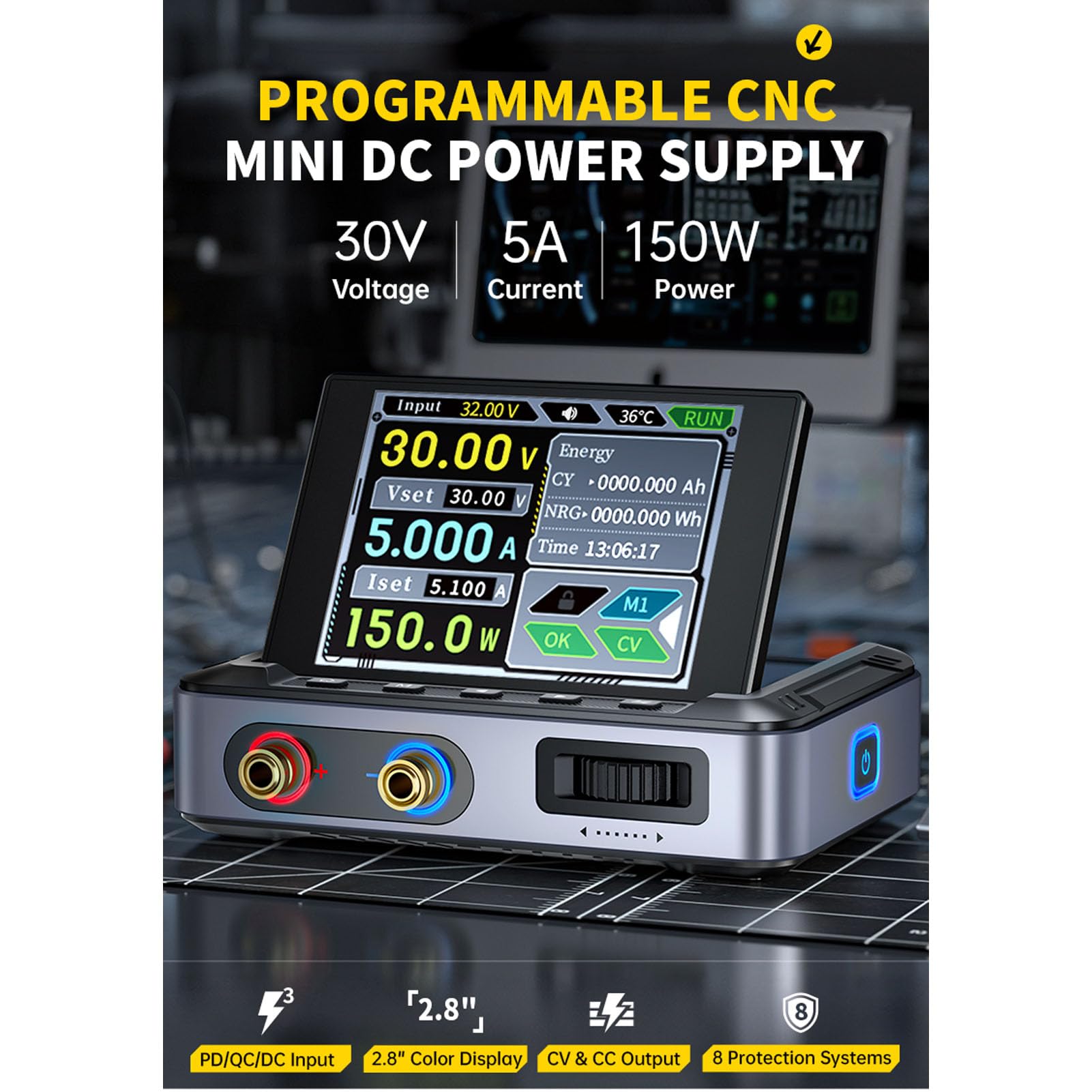 Cuifati Fuente de Alimentación CC Variable 30 V 5 A 150 W CNC, Pantalla A Color HD de 2,8 Pulgadas con de 90 Grados, Ondulación Baja de 20 MV, Entrada PD QC, Fuente de Alimentación Regulada
