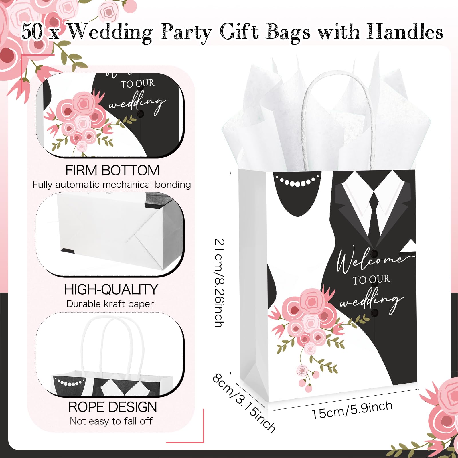 Sinload 50 Sets Wedding Welcome Bags with 50 Sheets Tissue Paper Mr. and Mrs. Welcome to Our Wedding Favor Bags Paper Bags with Handles Wedding Party Gift Bags Welcome Wedding Bags for Hotel Guests