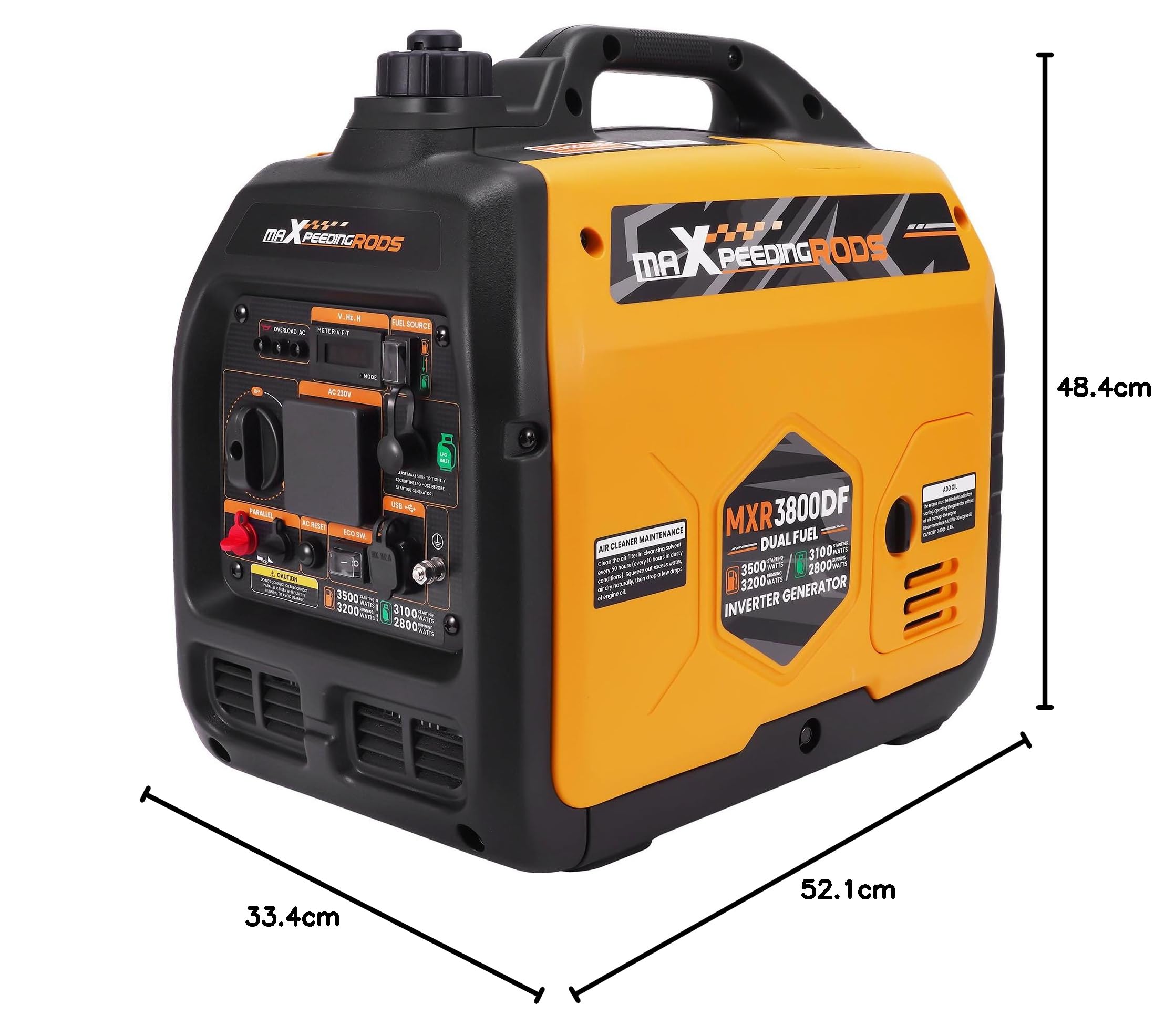 maXpeedingrods Generador de corriente de 3500 W LPG/gasolina inversor de doble combustible, con enchufe de 230 V/16 A; 2 puertos USB para camping, viajes al aire libre